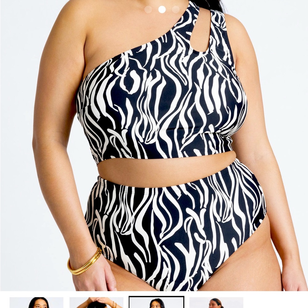 Zebra printed one shoulder tankini.